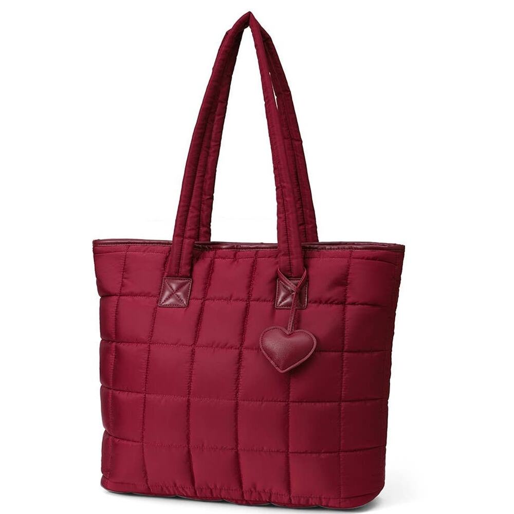 Quilted Puffer Tote Bag with Heart Charm Cherry Red